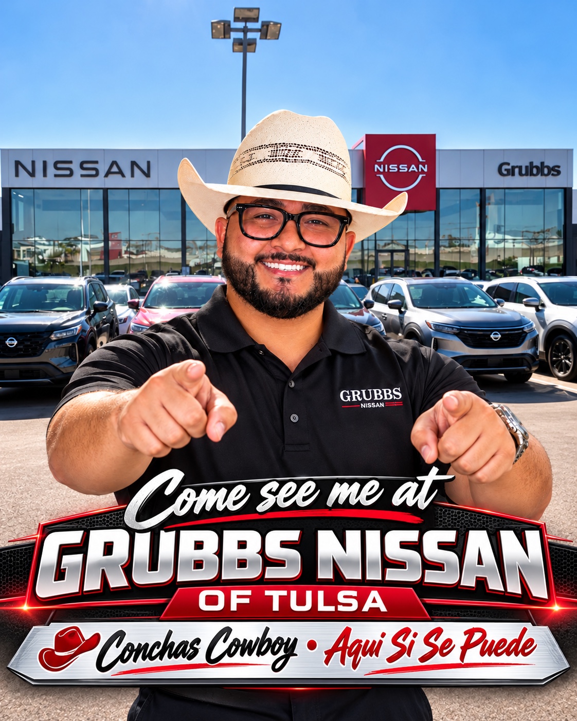 José Conchas in his cowboy hat outside Grubbs Nissan of Tulsa
